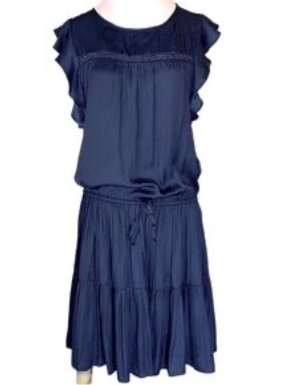 GAP Navy Blue Dress Drop Waist with Drawstring Pleats Lined Ruffle Cap Sleeves